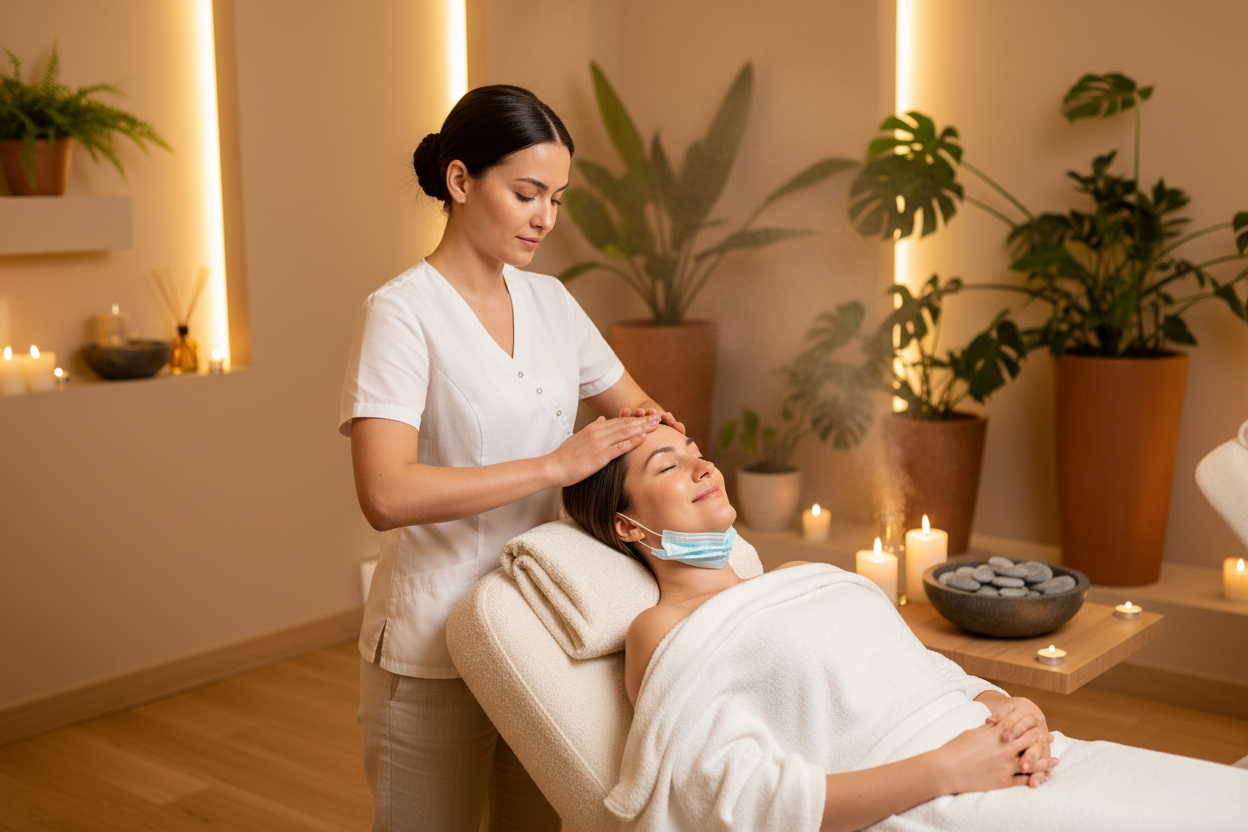 jetzt muss noch eine frau zu sehen sein und wie sie z.b einer kundin eine kopfmassage gibt mit diesem head spa